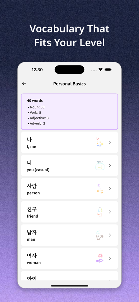 Koppa - Learn Korean - Uma interface de aplicativo móvel exibindo palavras básicas de vocabulário coreano para pronomes pessoais e pessoas com suas traduções em inglês.