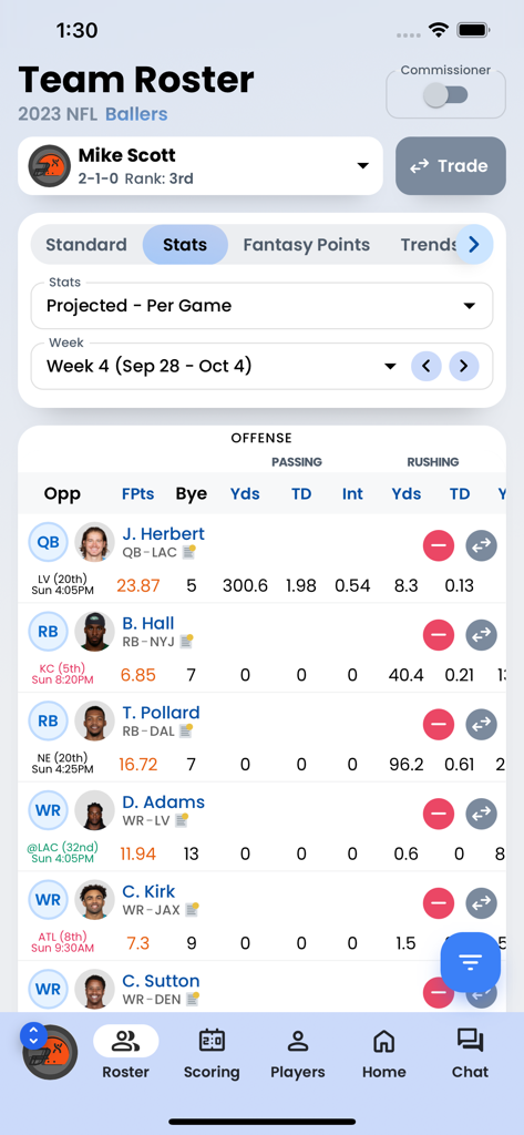 Fantrax Fantasy Sports - A detailed NFL fantasy team roster on the Fantrax app showing player stats and projections