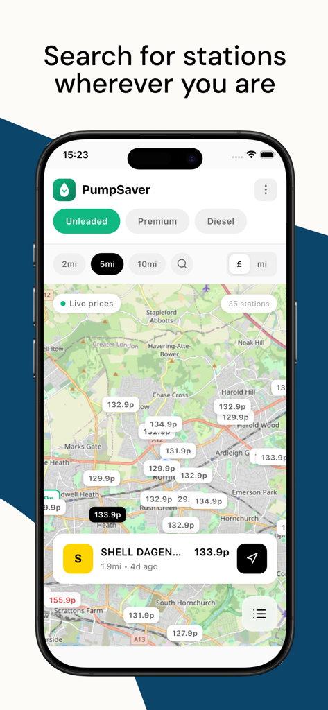 PumpSaver: Live UK Fuel Prices - Kartenansicht der PumpSaver App, die Live-Kraftstoffpreise für Tankstellen im Vereinigten Königreich anzeigt