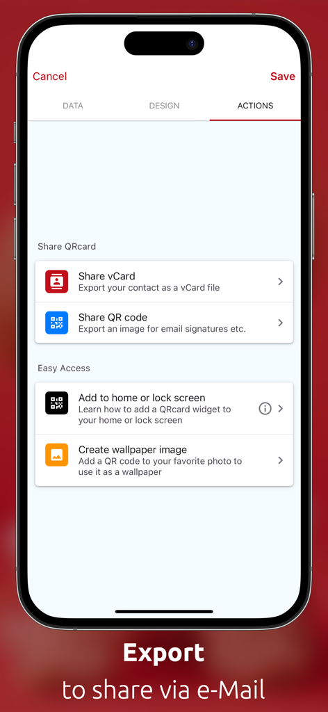 QRcard - digital business card - Actions menu in the QRcard app showing options to share vCard, QR code, and setup widgets.