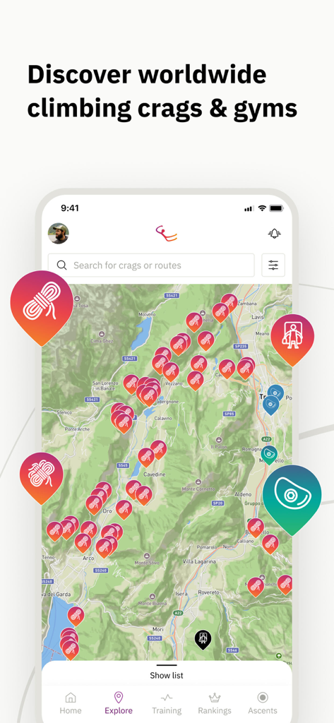 Vertical-Life Climbing - Vertical Life Climbing app map showing locations of climbing crags and gyms