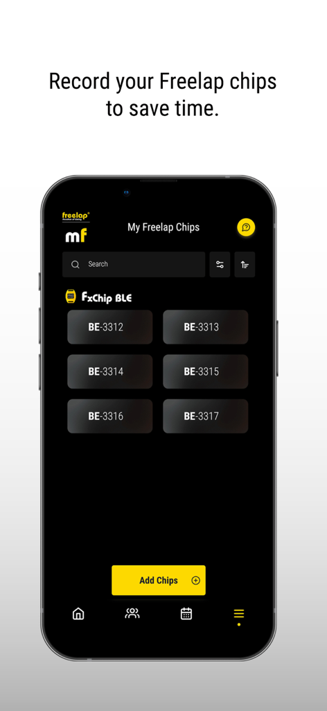 MyFreelap - MyFreelap app interface displaying a list of connected FxChip BLE timing chips