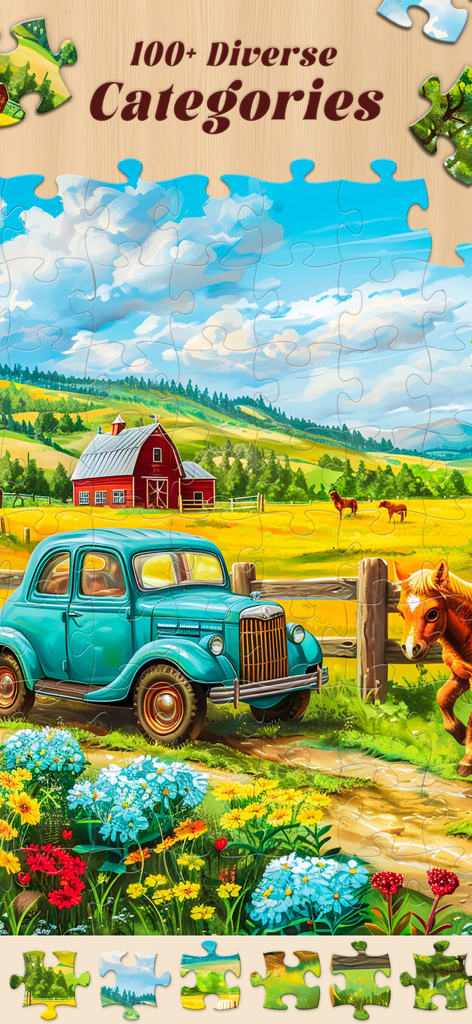 Jigsaw Master - Jigsaw Puzzles - Un colorido rompecabezas de paisaje rural con un coche vintage y un granero rojo