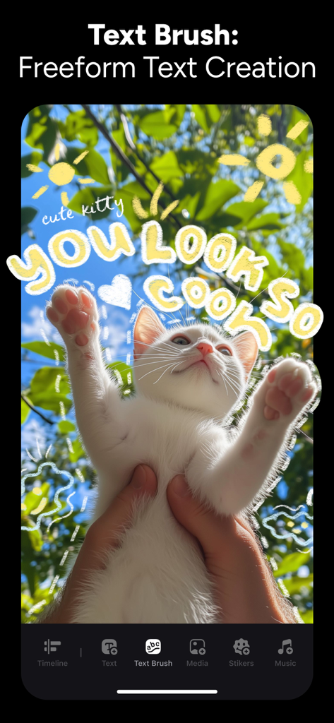 Ein Kätzchenfoto mit handgezeichnetem Text und Symbolen, erstellt mit der Instories Text Brush Funktion