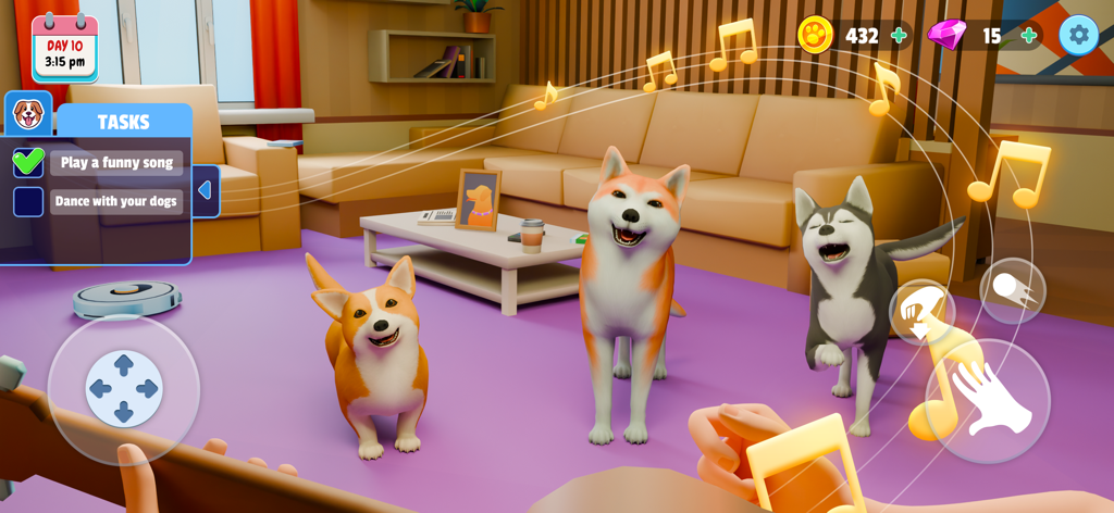 Dog Simulator: My Pets - Three virtual dogs dancing to music in a cozy living room within the Dog Simulator My Pets app