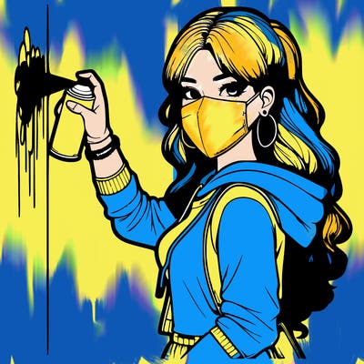 realistic girl with mask spray painting a wall