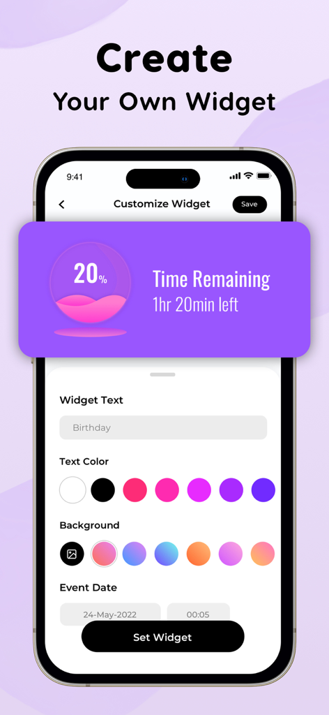 A mobile interface for creating a custom widget with options for text color background and event date