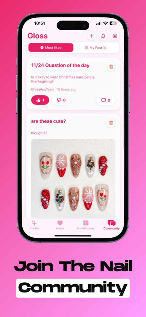 Gloss Nail Art - Gloss Nail Art app interface showing the community tab with user posts and festive holiday nail designs