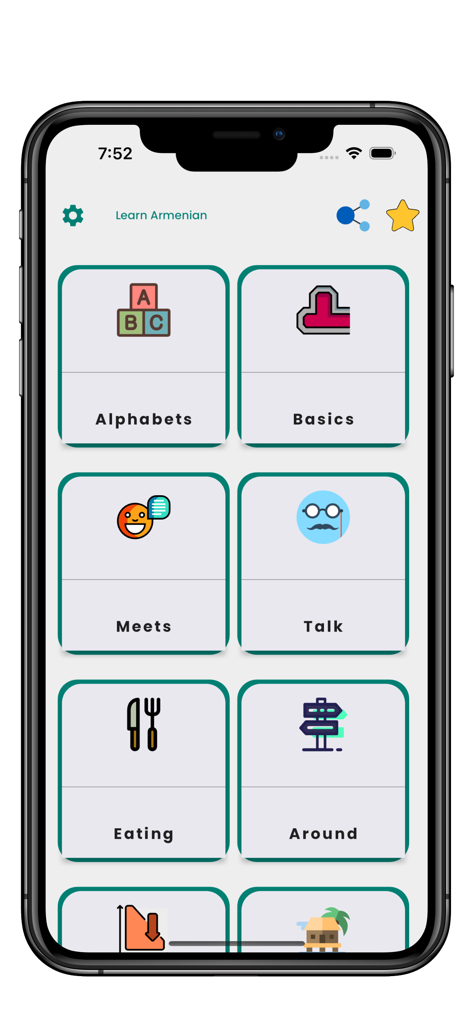 Menu principal do aplicativo Learn Armenian mostrando categorias como Alfabetos, Básico e Falar.