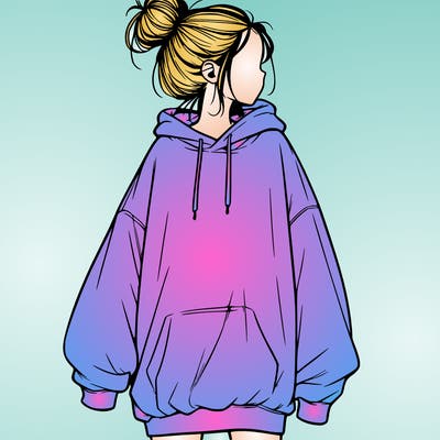 realistic girl with a oversized sweatshirt on and a bun