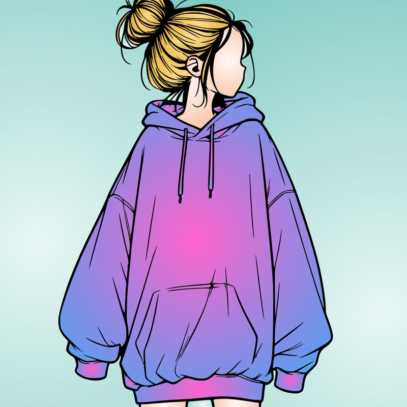 realistic girl with a oversized sweatshirt on and a bun