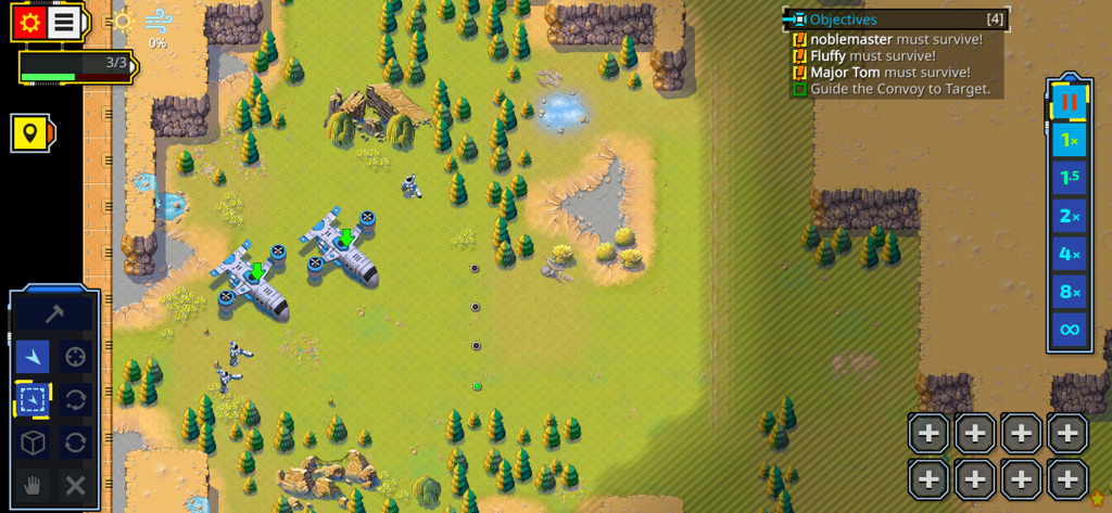 Retro Commander - Gameplay of Retro Commander showing aircraft units and mission objectives on a pixelated terrain.
