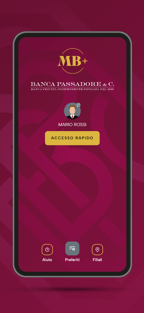 MB+ - Login screen of MB plus mobile banking app by Banca Passadore with quick access options.