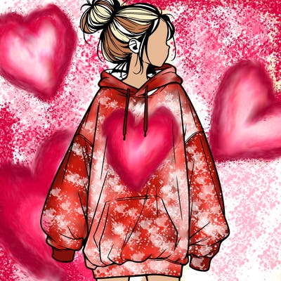 realistic girl with a oversized sweatshirt on and a bun