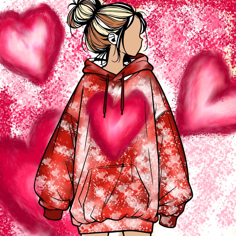 realistic girl with a oversized sweatshirt on and a bun