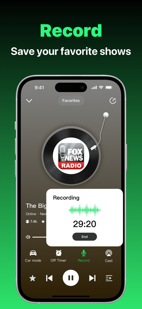 FM Radio: Music, Sports & News - Interfaz de aplicación móvil que muestra la función para grabar programas de radio en vivo.