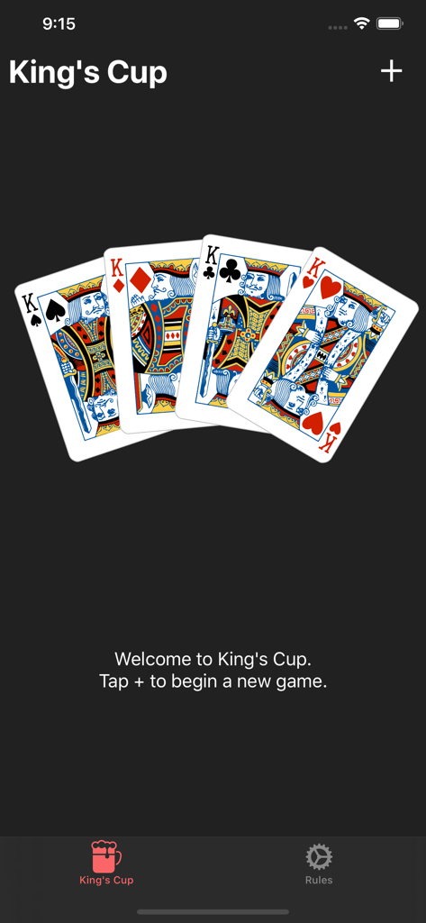 Welcome screen of the Kings Cup drinking game app featuring four king playing cards and a start button.