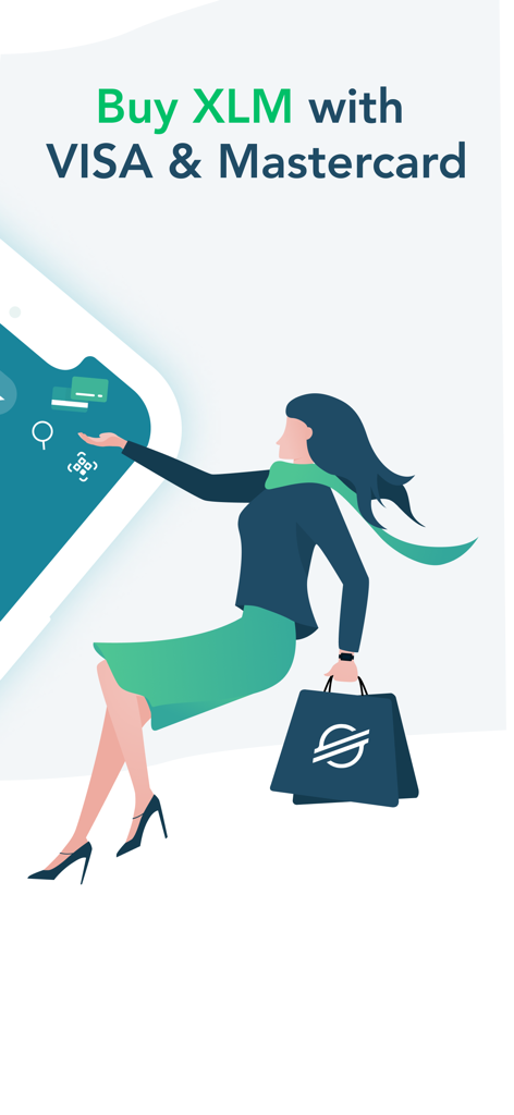 Eine Abbildung, die die Option zeigt, Stellar XLM mit VISA und Mastercard in der LOBSTR Wallet App zu kaufen