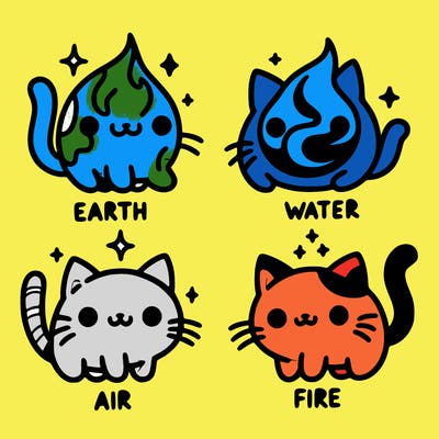 4 cats that represent the different elements, earth, water, air, and fire