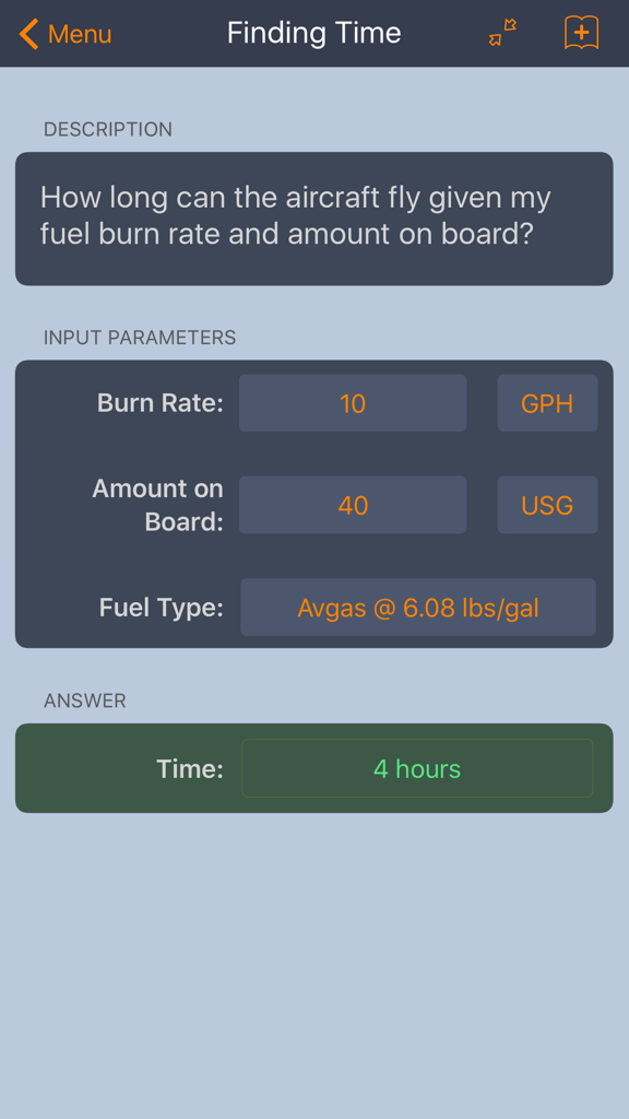 E6B Aviation Calculator - Digital E6B flight calculator interface showing a fuel endurance calculation for flight planning