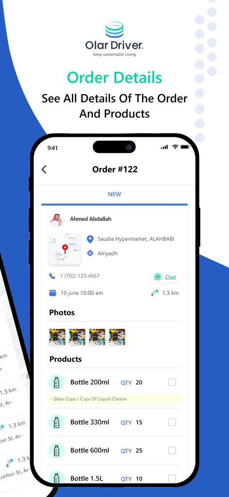 Olar Driver - Interfaz de la aplicación móvil Olar Driver que muestra un pedido detallado de recolección de reciclables que incluye la ubicación del cliente y las cantidades de productos