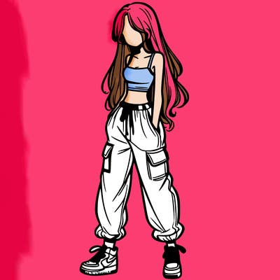 girl in baggy pants crop top and long hair