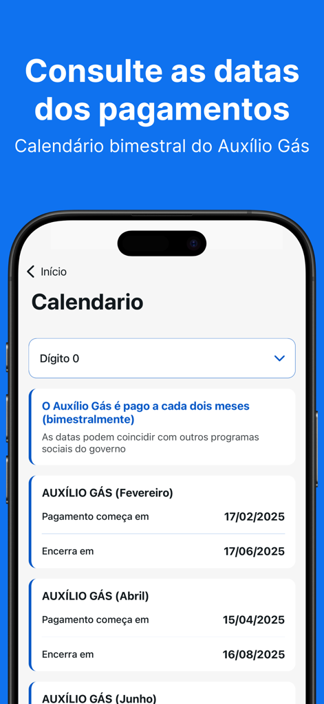 Smartphone screen showing the payment calendar for the Brazilian social benefit Auxilio Gas