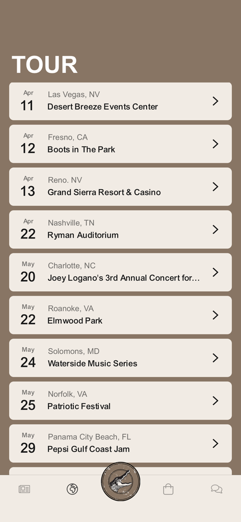Jordan Davis Parish - Tour schedule screen in the Jordan Davis Parish app listing upcoming concert dates and locations.