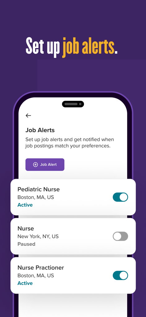 Monster Job Search - Una pantalla móvil de la aplicación Monster Job Search que muestra alertas de empleo personalizadas para puestos de enfermería en Boston y Nueva York