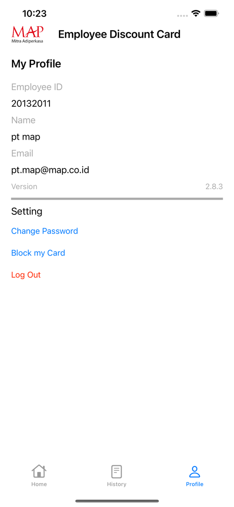 User profile page in the MAP EDS app showing employee details and account settings like change password and logout