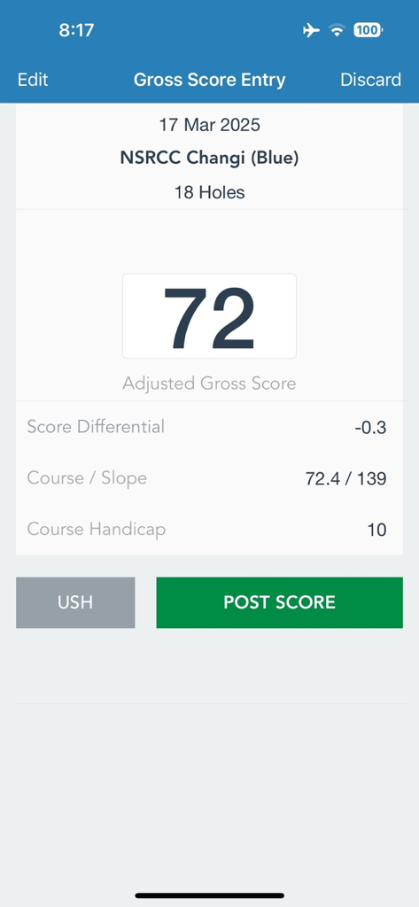 SGA CHS - Mobile screen of the SGA CHS app showing a gross score entry of 72 for 18 holes at NSRCC Changi.