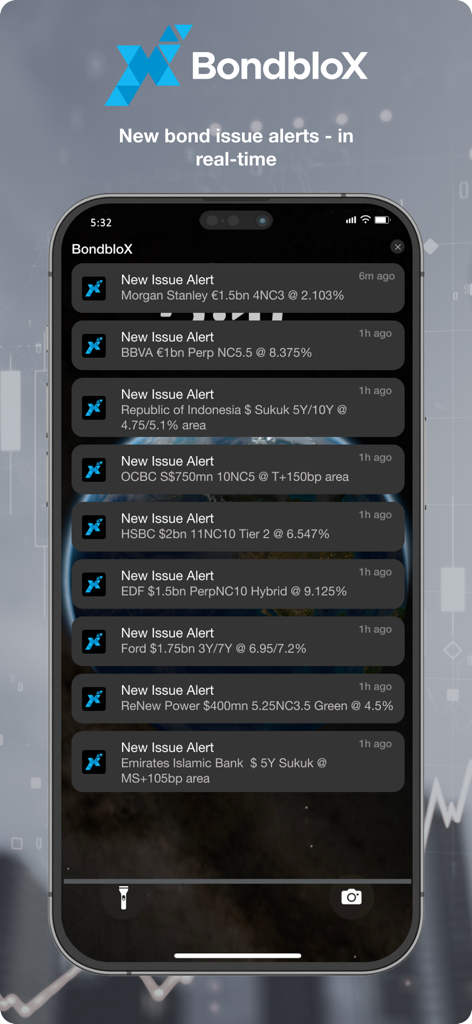 BondbloX mobile app interface showing real-time notifications for new corporate and sovereign bond issues