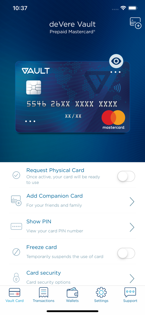 Vault – Borderless Banking - Mobile app interface for managing a deVere Vault Prepaid Mastercard including security controls and companion card settings