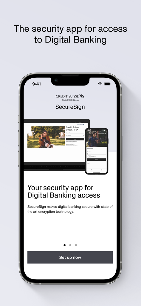 Écran d'accueil de SecureSign de Credit Suisse pour un accès bancaire numérique sécurisé