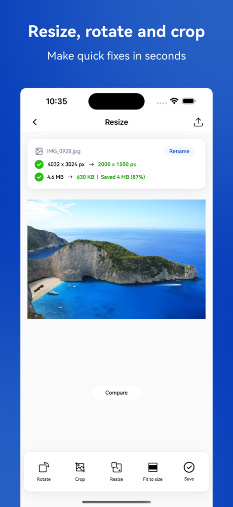 Photo & Picture Resizer - Interfaccia dell'app mobile che mostra una foto in orizzontale che viene ridimensionata e compressa da 4,6 MB a 630 KB