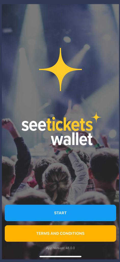 See Tickets Wallet Startbildschirm mit einer Start-Schaltfläche und Nutzungsbedingungen über einem Konzertpublikums-Hintergrund.
