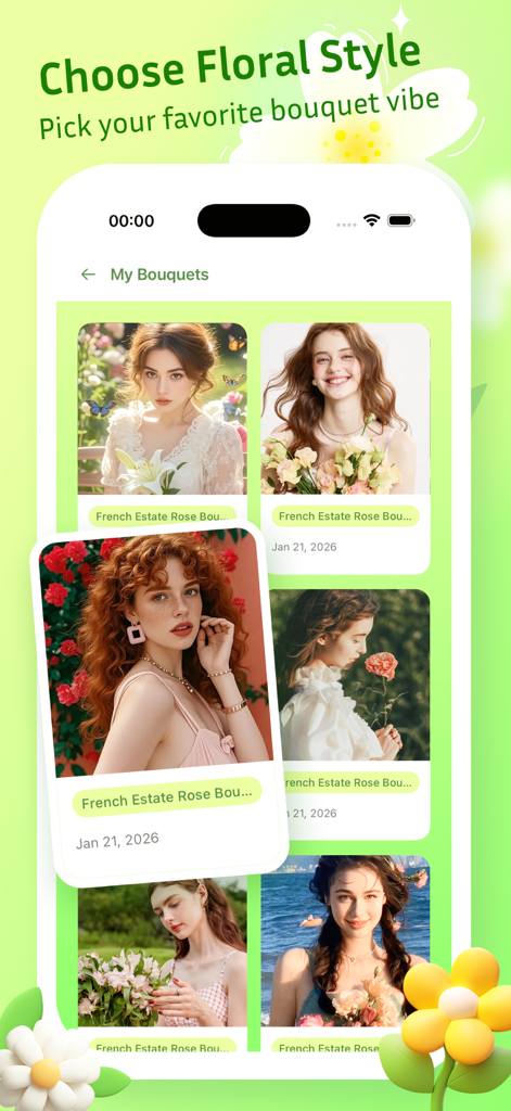 Mila: Flora Nest - Ein mobiler App-Bildschirm von Mila Flora Nest, der eine Galerie von Porträts von Blumenstilen mit der Überschrift Wähle deinen Blumenstil zeigt.