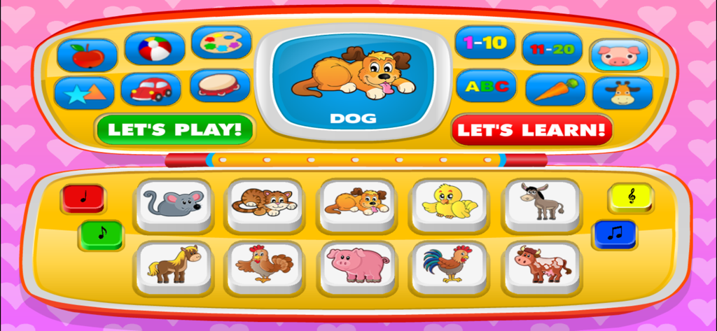 Baby games for one year olds. - A colorful baby learning game interface styled as a toy laptop with buttons for animals, numbers, and shapes