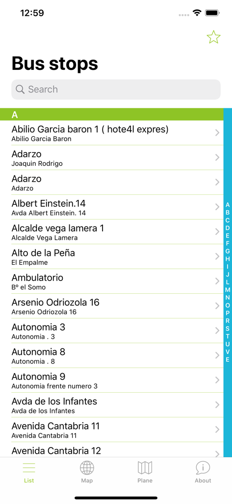 Lista alfabética de paradas de autobús en la aplicación de transporte TUS Santander