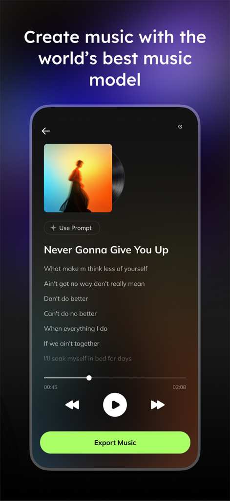 Interfaz de creación de música con IA de la aplicación Musiclab con letras y opciones de exportación