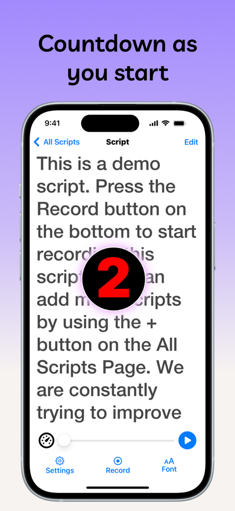 Floating Notes Teleprompter - Schermata dell'iPhone che mostra l'app Teleprompter Note Fluttuanti con un grande numero rosso 2 sopra uno script video