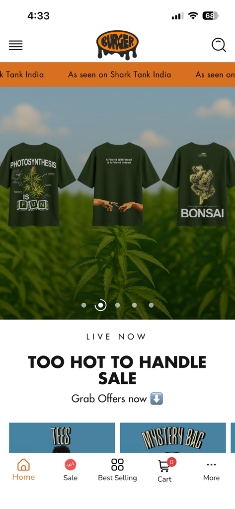 Burger Bae - Burger Bae mobile app home screen featuring graphic t-shirts and a Too Hot To Handle sale announcement.