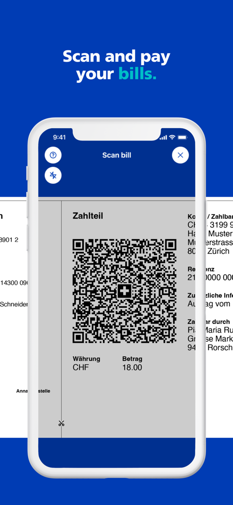ZKB Mobile Banking App-Oberfläche, die zeigt, wie ein Smartphone eine Schweizer QR-Rechnung zum Bezahlen scannt