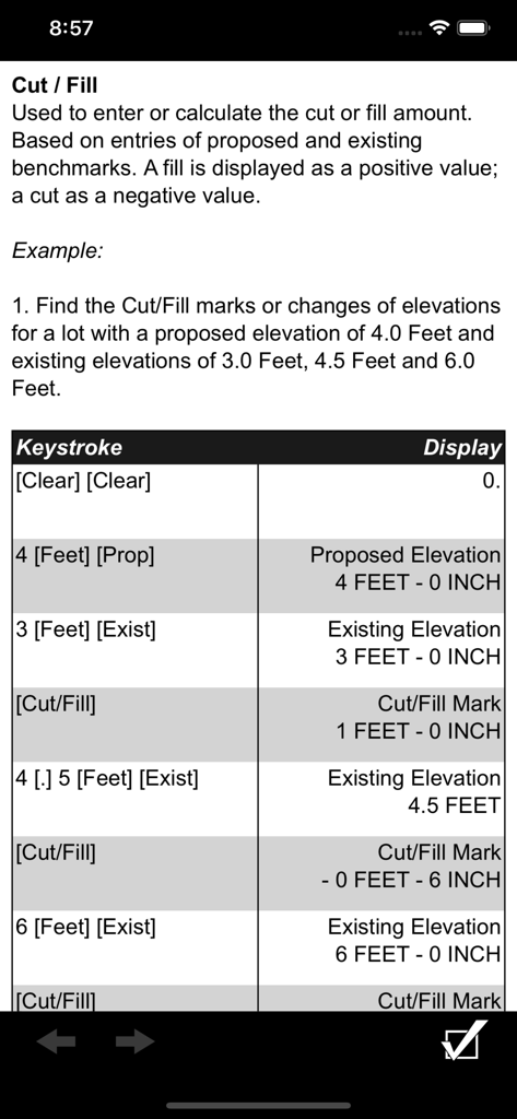HeavyCalc Pro - Capture d'écran de l'application HeavyCalc Pro montrant les instructions et les exemples de calcul de déblai et remblai