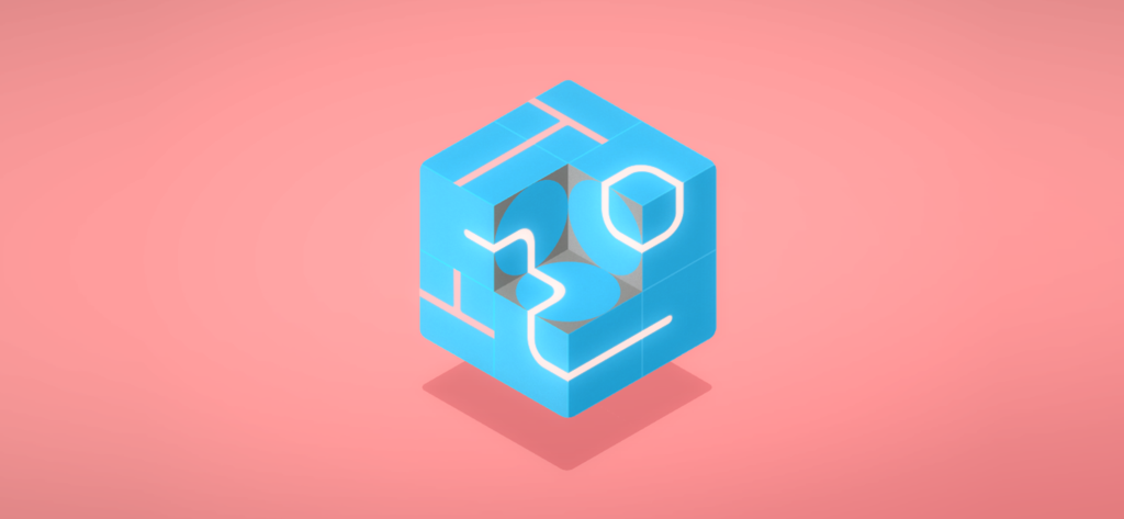 A minimalist isometric blue cube with white connecting lines on a pink background