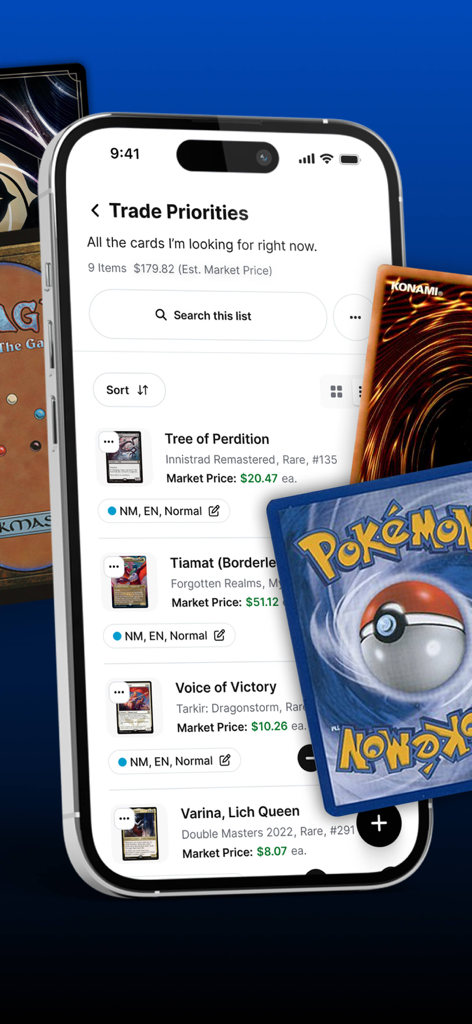 TCGplayer - TCGplayer app displaying a trade priorities list with market prices for various trading cards