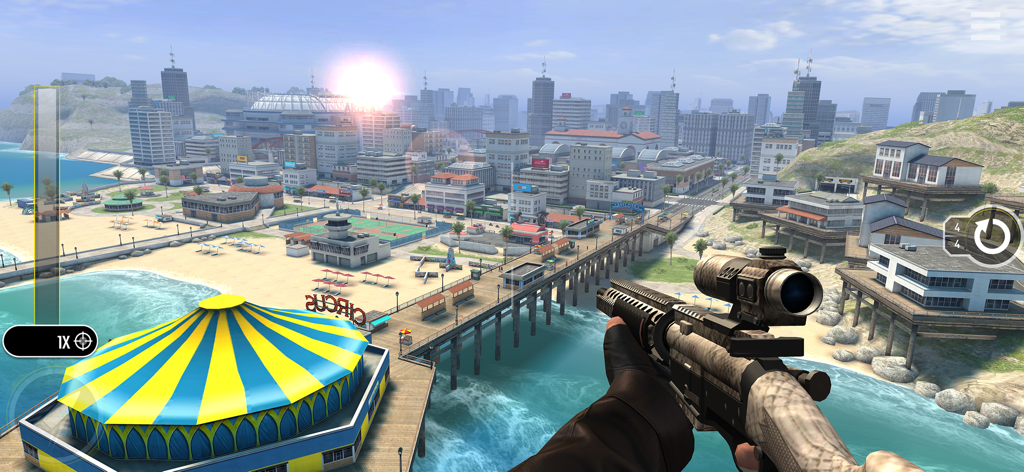 Pure Sniper: Gun Shooter Games - Vista em primeira pessoa de um rifle de sniper com vista para uma cidade costeira com uma praia e um cais