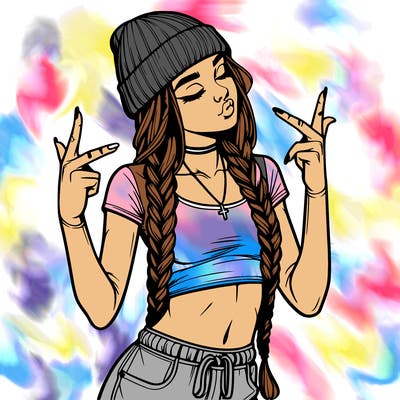 realistic teenage girl with braids and a beanie and crop top doing 🫶🏼
