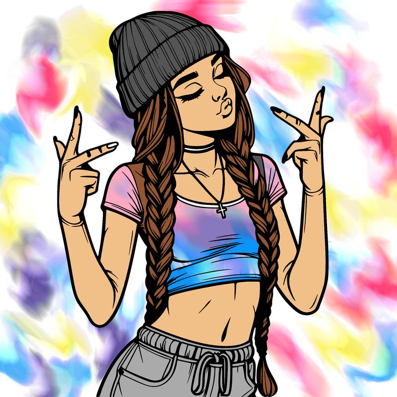 realistic teenage girl with braids and a beanie and crop top doing 🫶🏼