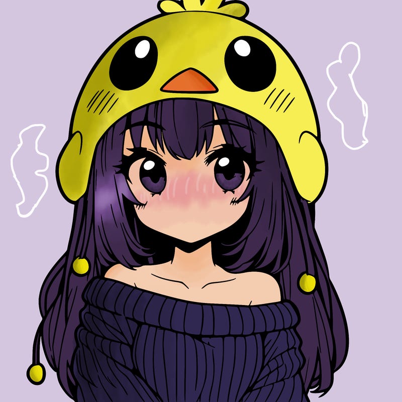 anime girl with chick shaped hat with sweater with bare shoulders with bangs covering them one eye with low tail
